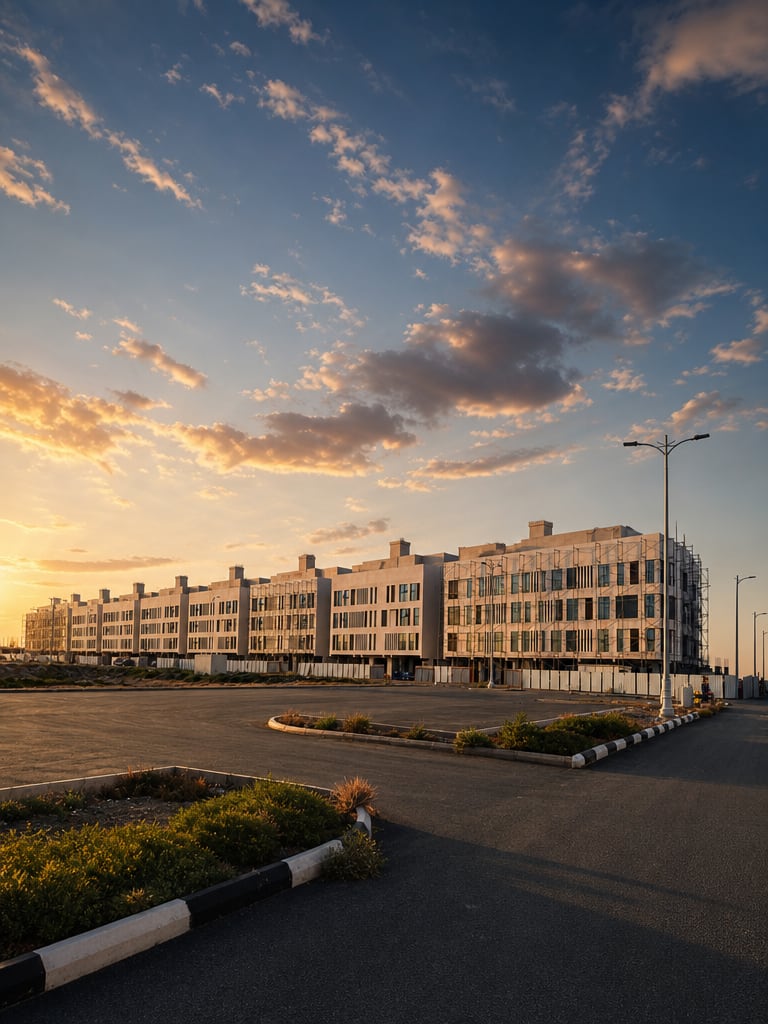 مبانٍ تجارية في المخطط عند الغروب